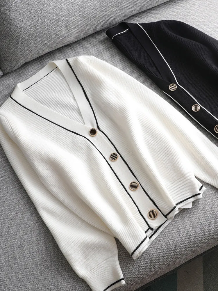 2021 White Black Solid Sweater Cardigans Jacket Ladies New Women Thick Sweater Coat V-Neck Cardigan