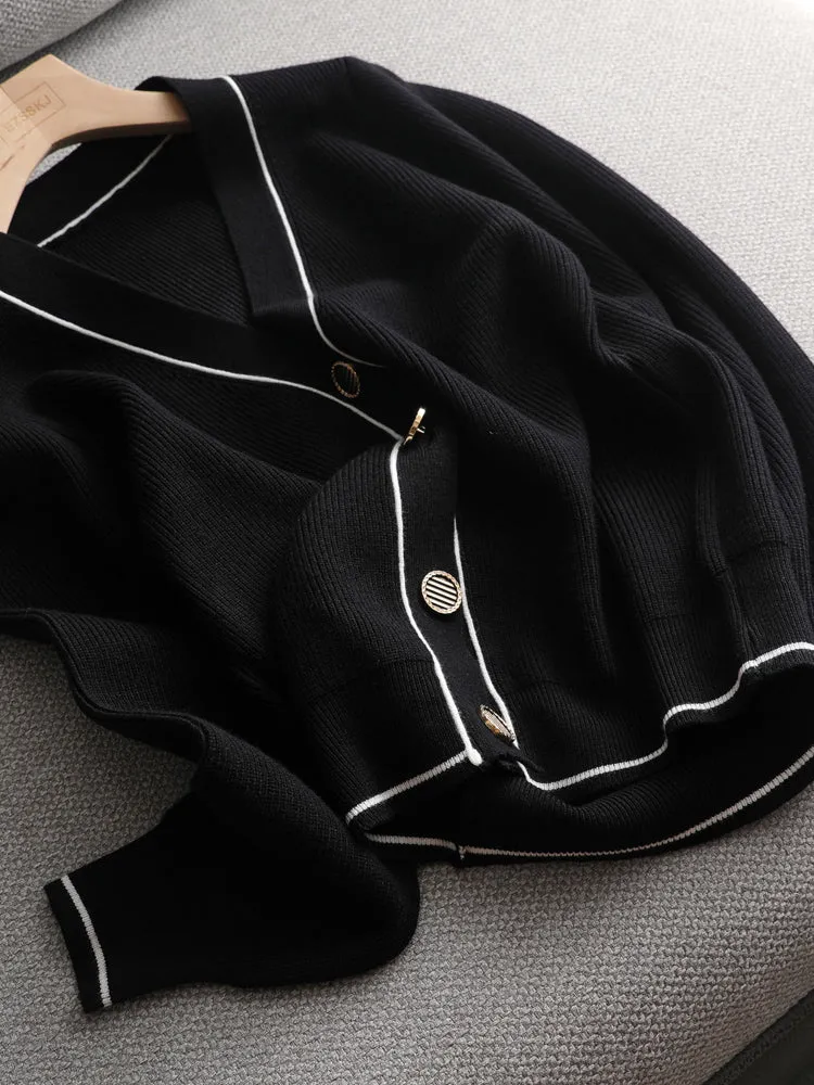 2021 White Black Solid Sweater Cardigans Jacket Ladies New Women Thick Sweater Coat V-Neck Cardigan