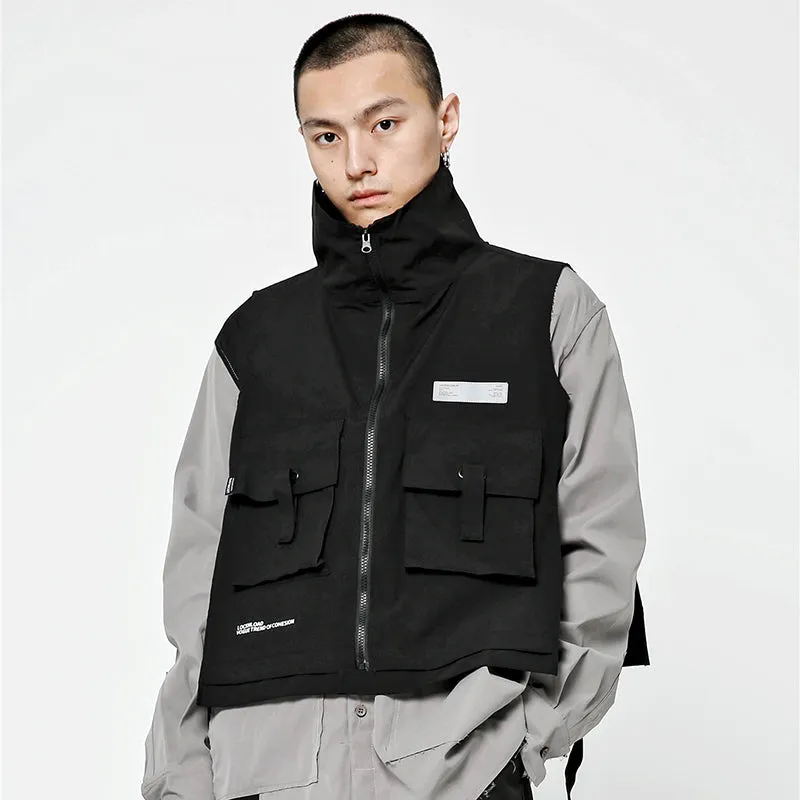 2023 Men Hip Hop Combat Vest Cargo Jacket Streetwear Harajuku Buckle Ribbon Tactical Vest Bomber Wai