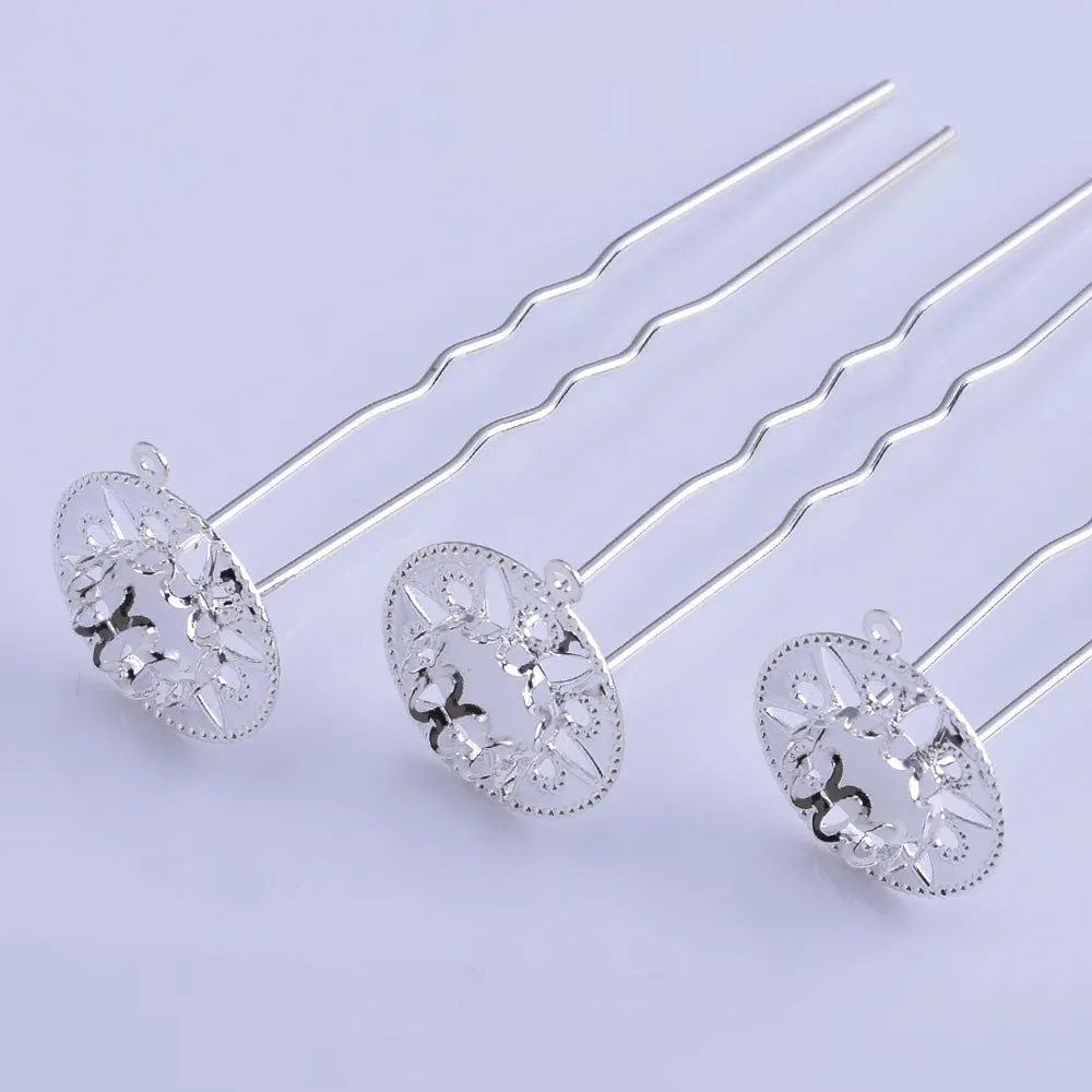 75mm U Shape Hair Pins with 10mm Cameo Base Clips Bridal bridesmaid hair pin Hair accessories silver 10pcs