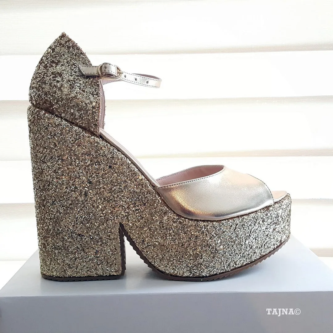 Ankle Strap Silver Shimmer Platform Wedge Sandals