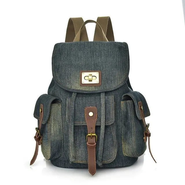 Blue and Green Denim Canvas School 20 to 35 Liter Backpack