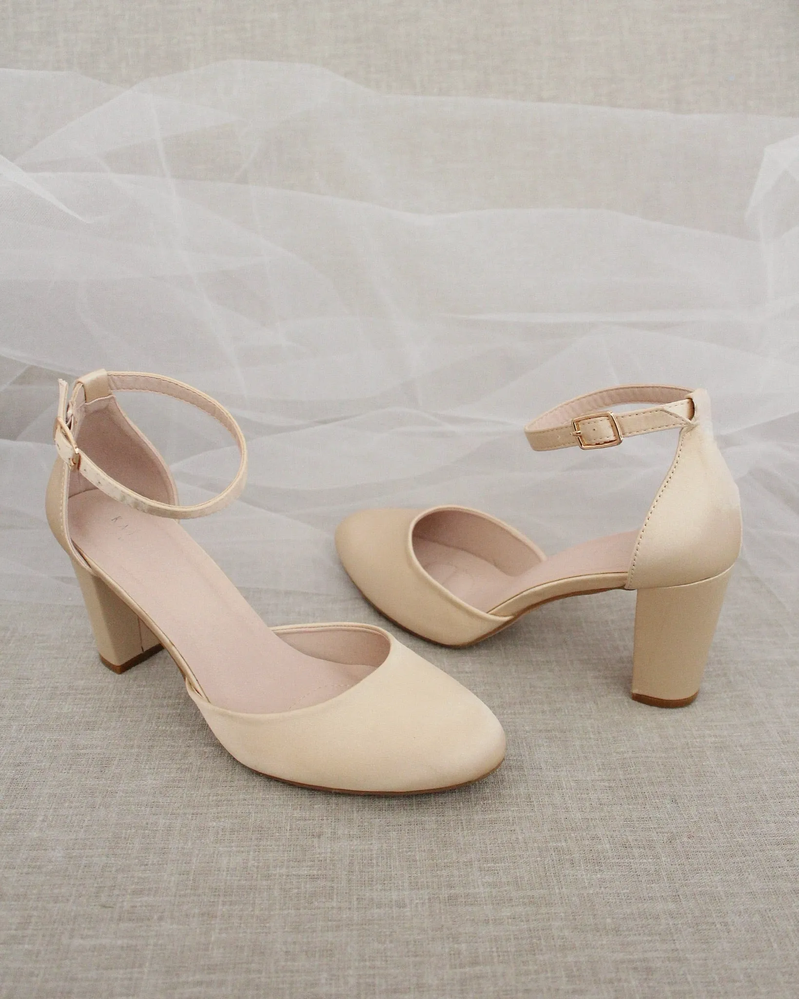 Champagne Satin Block Heel with Ankle Strap