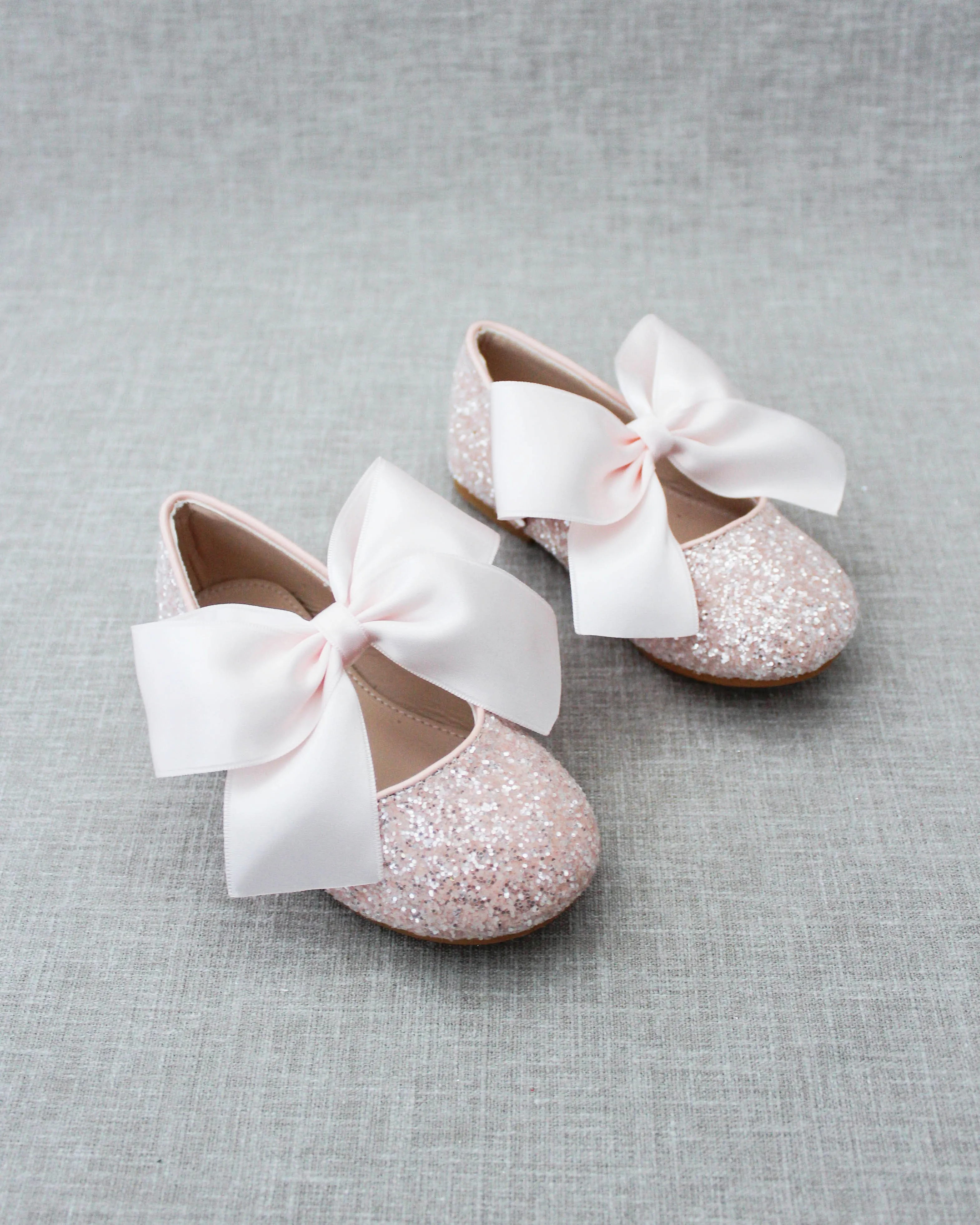 Dusty Pink Rock Glitter Mary Jane Ballet Flats with Satin Bow