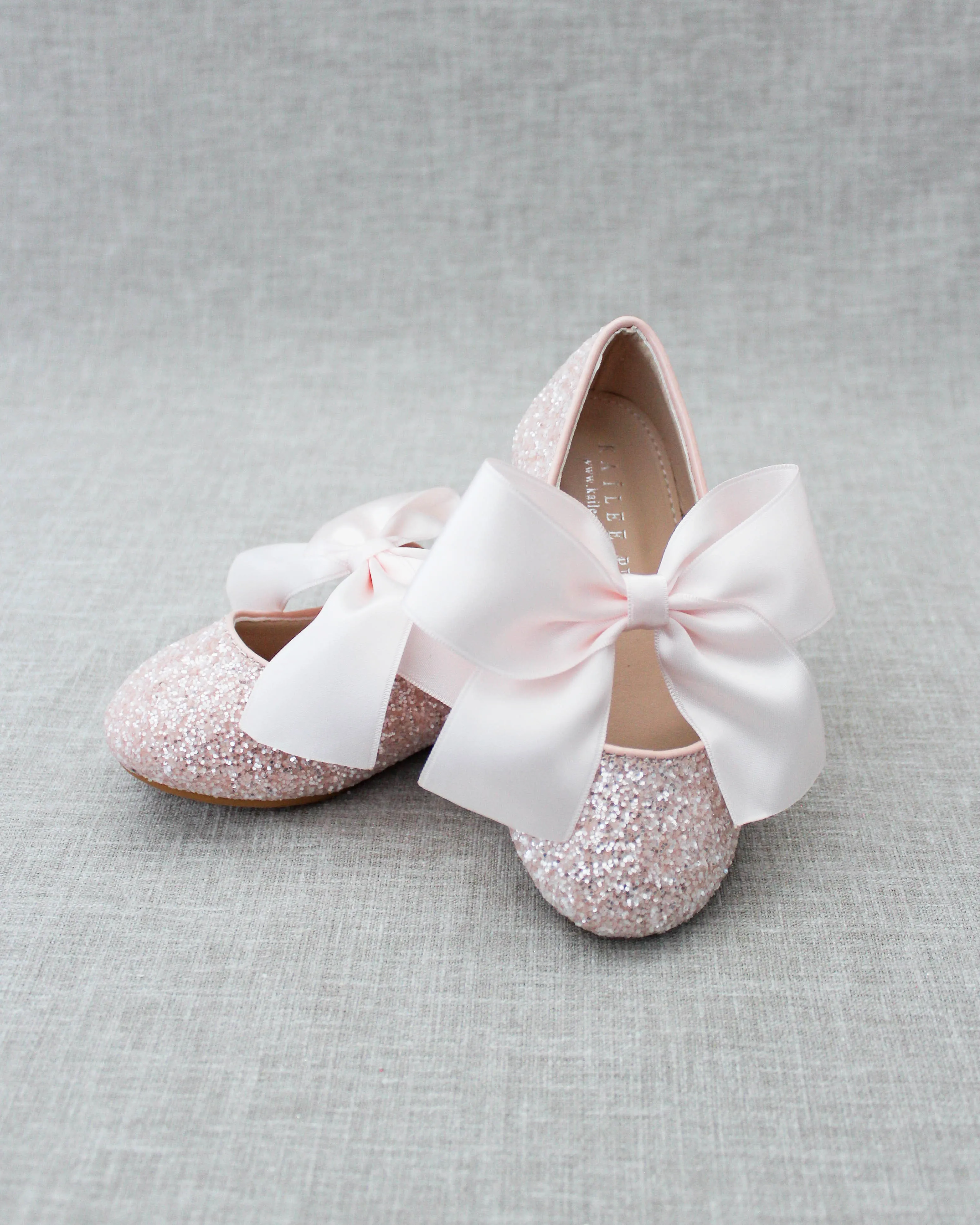 Dusty Pink Rock Glitter Mary Jane Ballet Flats with Satin Bow