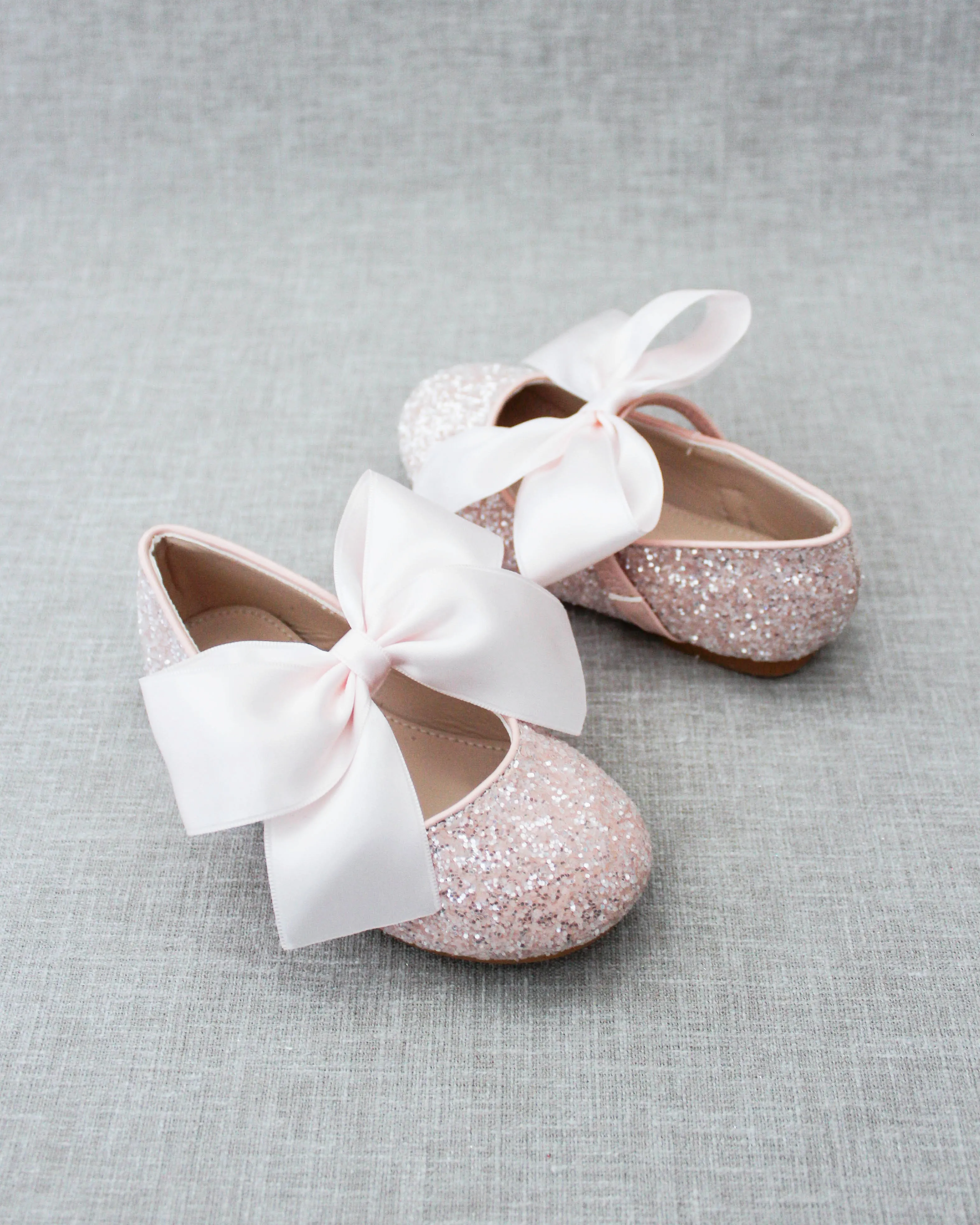 Dusty Pink Rock Glitter Mary Jane Ballet Flats with Satin Bow