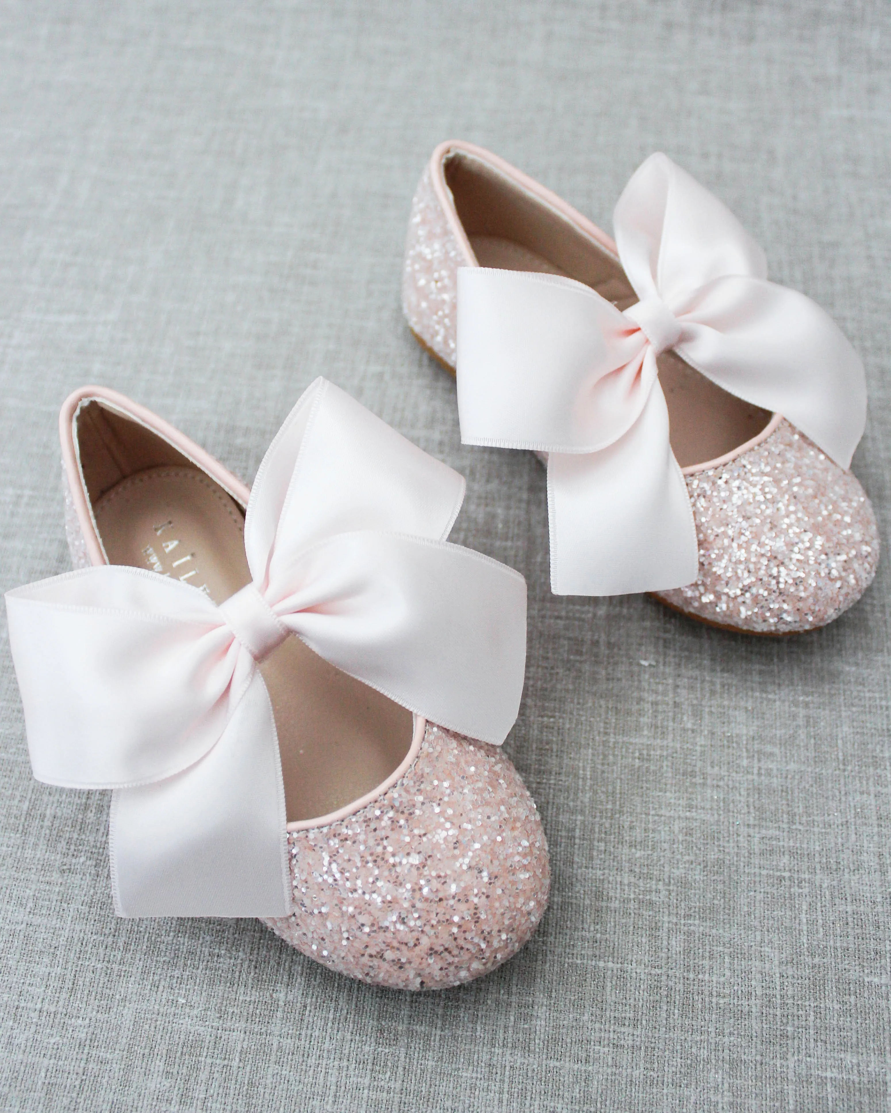 Dusty Pink Rock Glitter Mary Jane Ballet Flats with Satin Bow