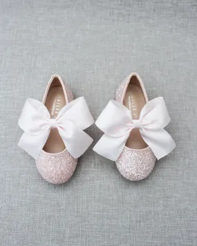 Dusty Pink Rock Glitter Mary Jane Ballet Flats with Satin Bow