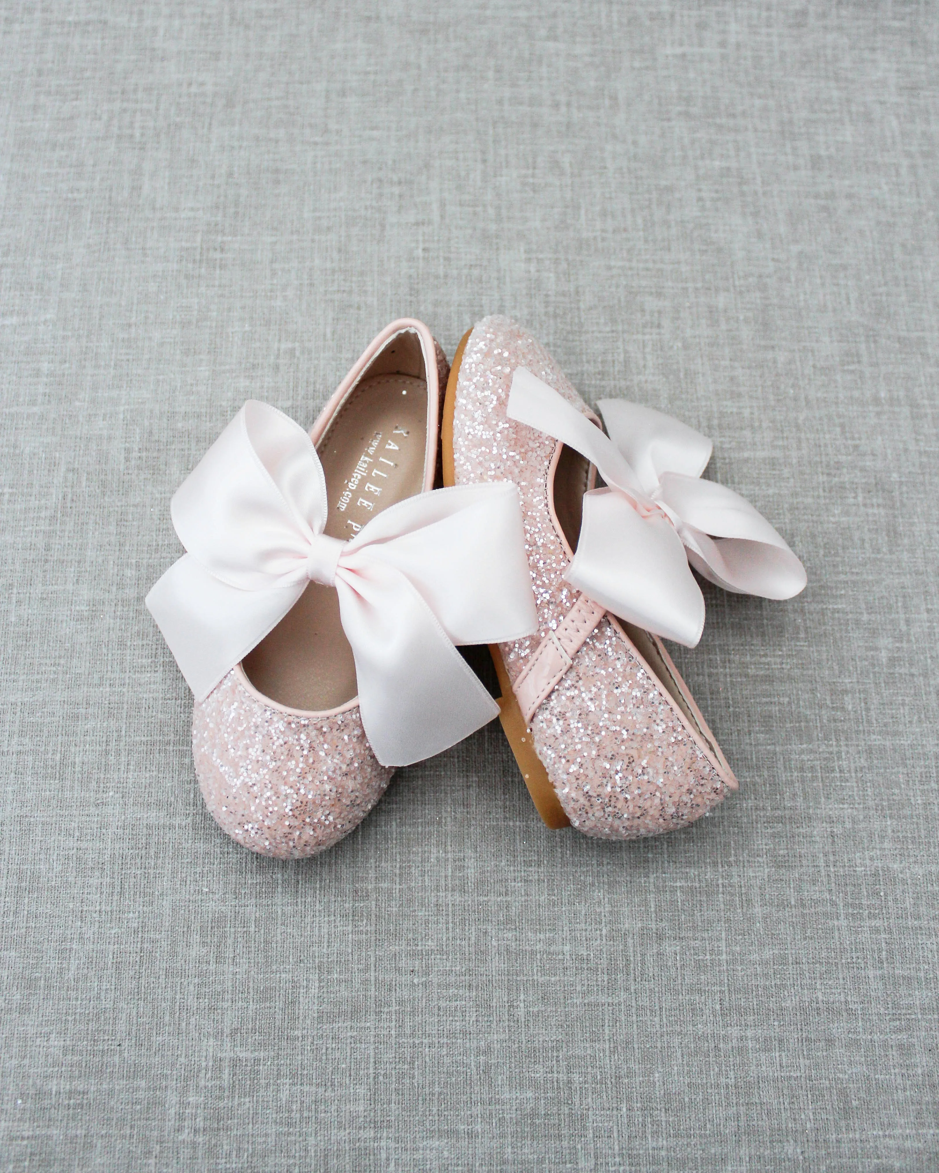 Dusty Pink Rock Glitter Mary Jane Ballet Flats with Satin Bow