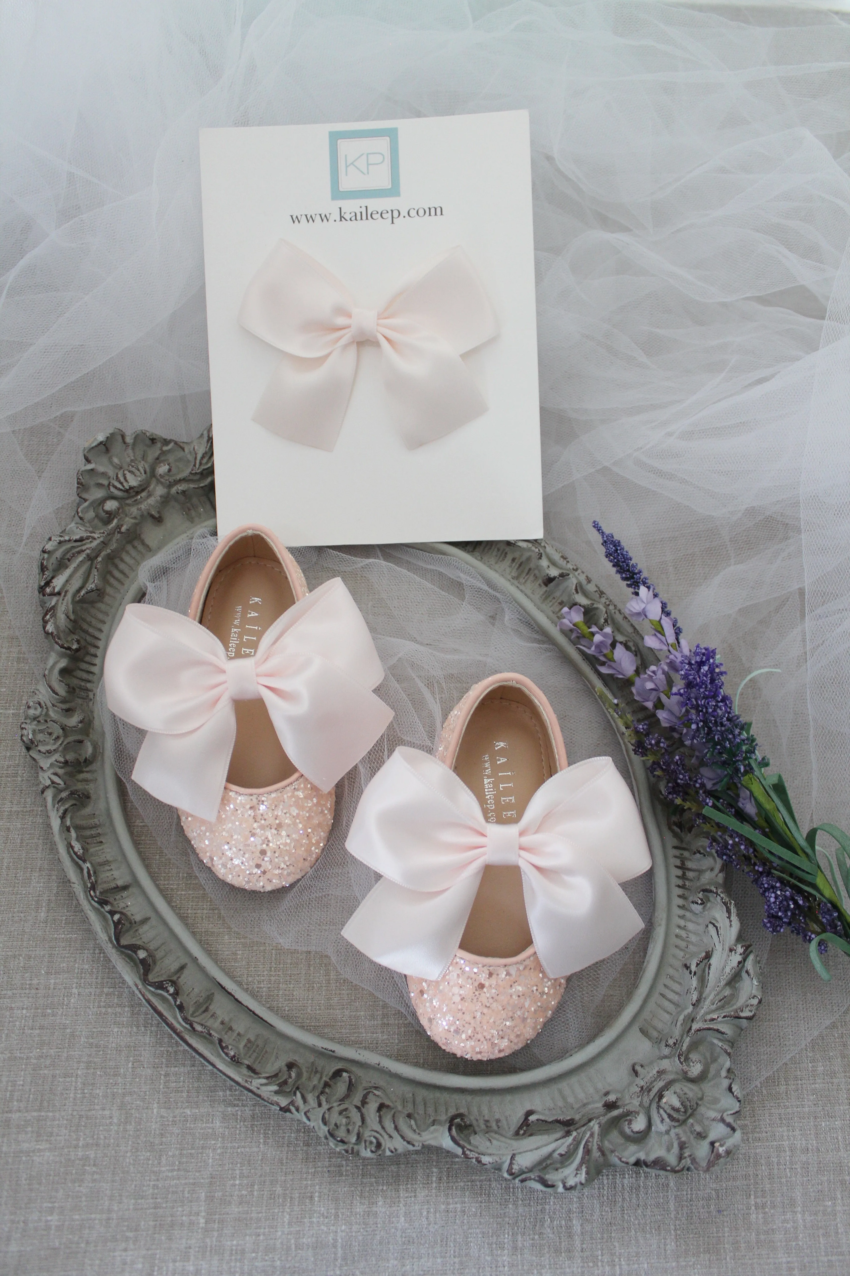 Dusty Pink Rock Glitter Mary Jane Ballet Flats with Satin Bow