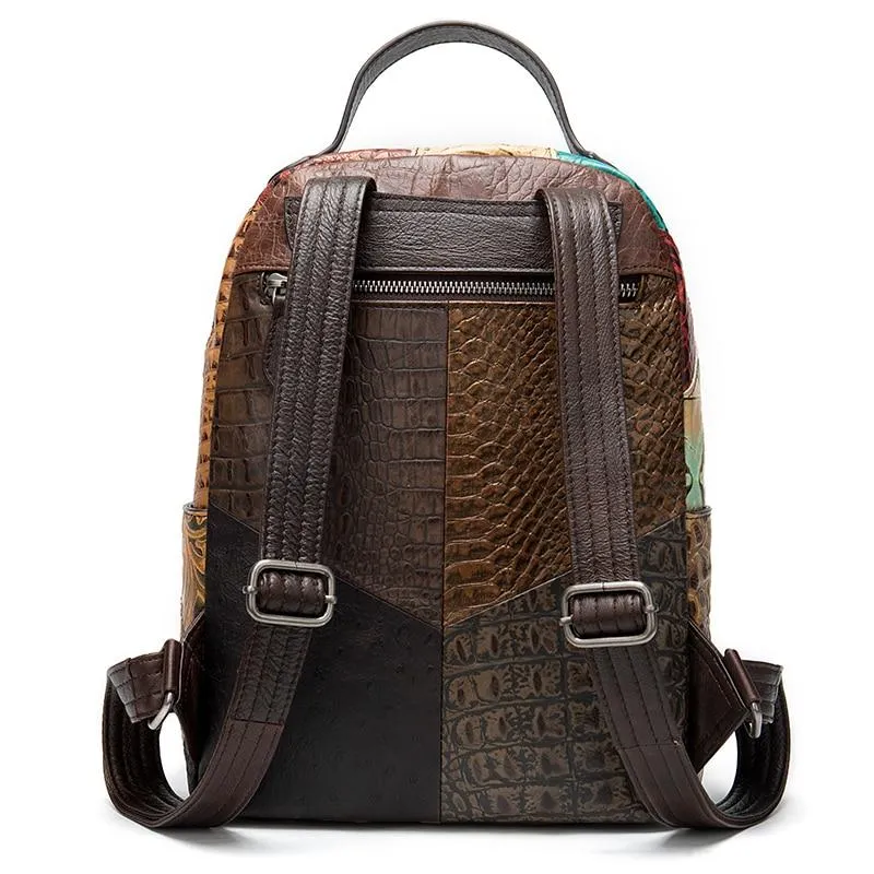 Genuine Leather Embossed Floral Backpack with Patchwork Design