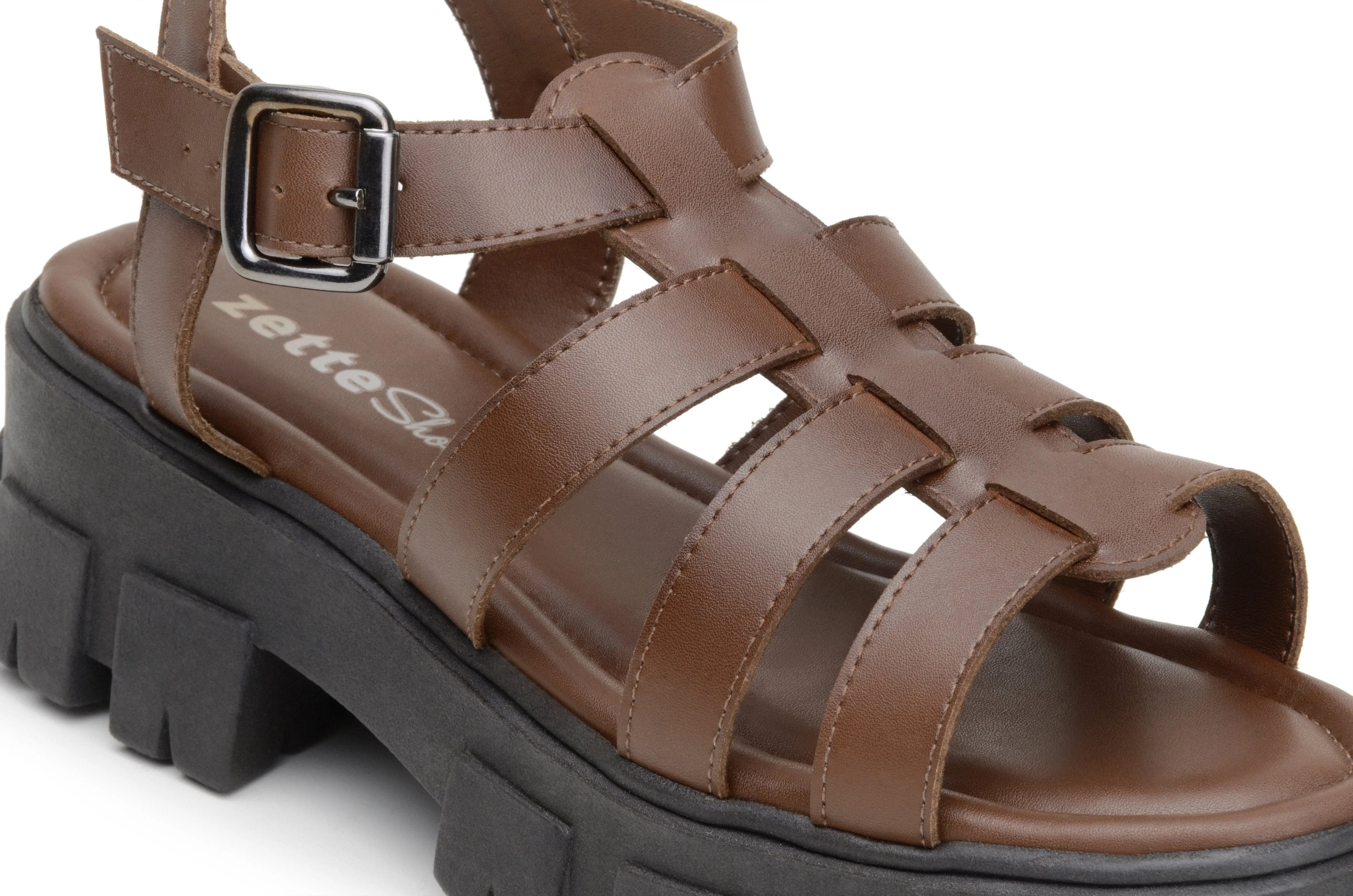 'Jess' vegan leather sandal with lugged sole by Zette Shoes - cognac