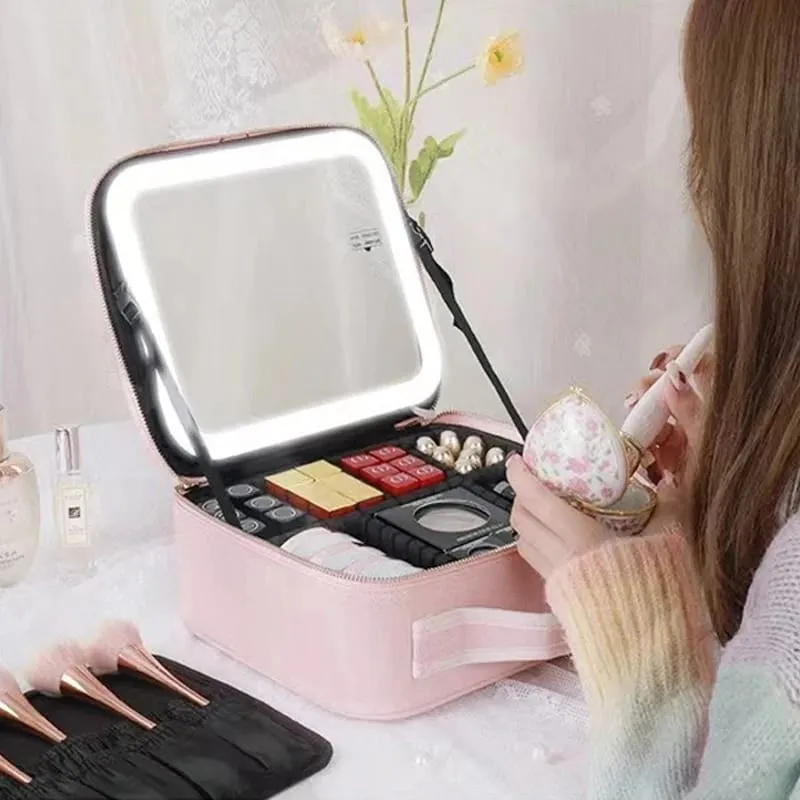 LED Lighted Cosmetic Case with Mirror Waterproof PU Leather Portable Travel Makeup Storage Bags