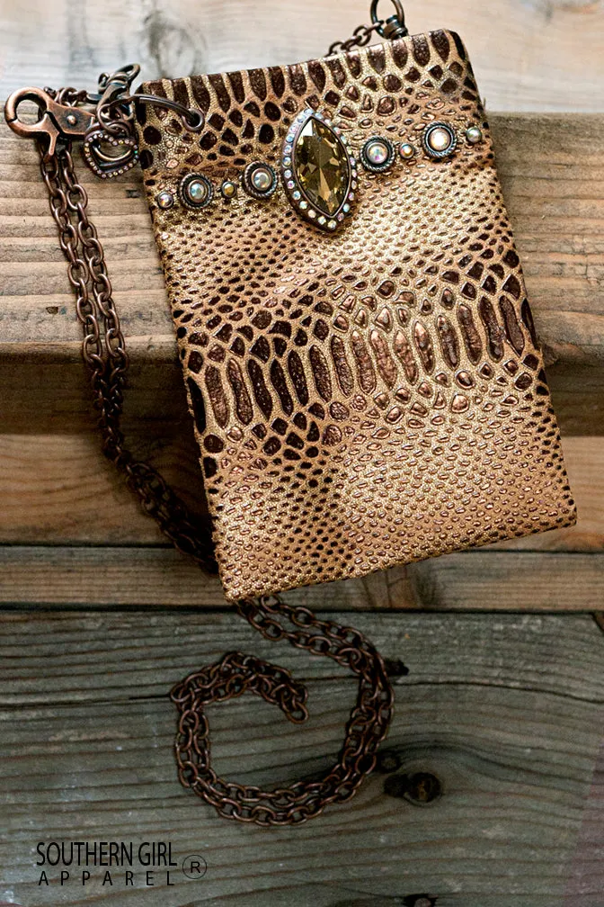 Metallic Copper and Brown Faux Leather Mini Crossbody Bag with Rhinestones and Chain Strap