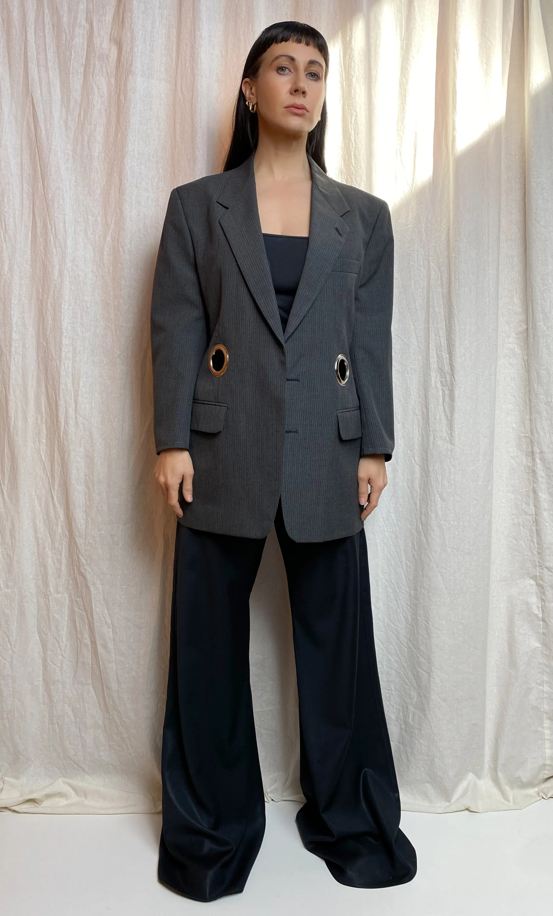 OUT OF OFFICE SUIT JACKET [ Wool Blend, Charcoal Tie Blazer, Silver Eyelets, Up To Size Medium / Large ]