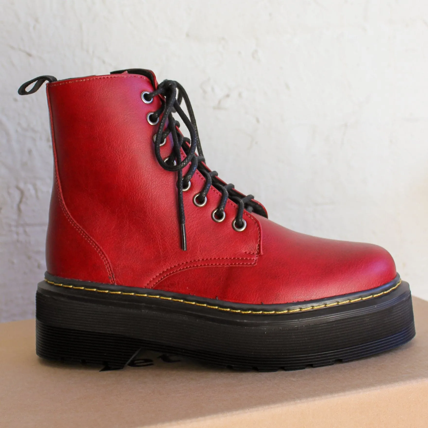 'Quinn' vegan-leather boot with stacked sole by Zette Shoes - cherry red