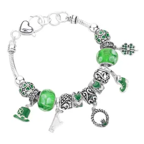 St Patricks Day Multi-bead Clover Green Hat Charm Bracelet