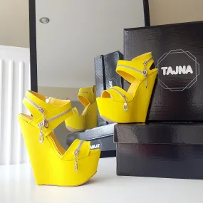 Sun Yellow Zipper High Heel Wedge Shoes